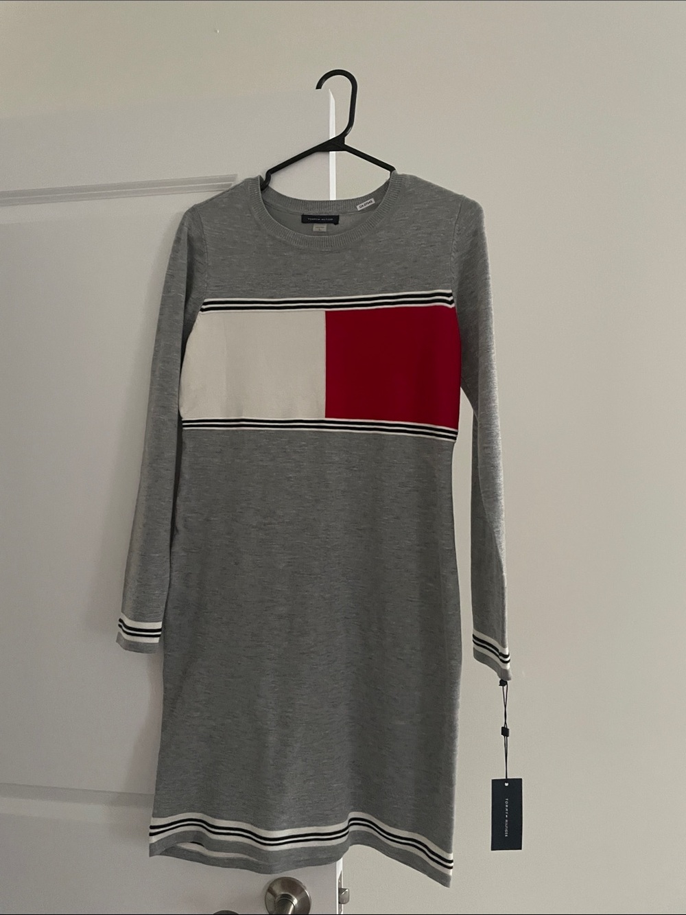 Tommy Hilfiger Grey Knit Long-Sleeve Dress with Red & White Chest Panel
